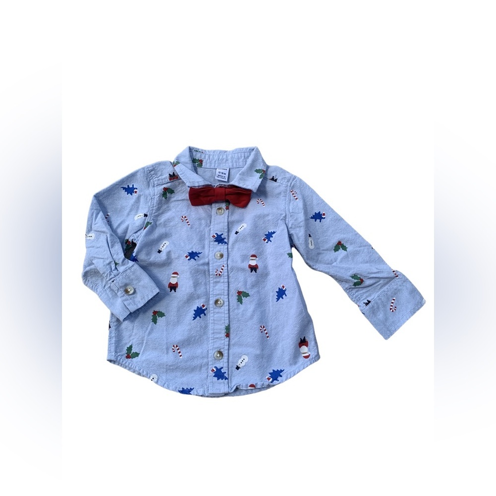 Old Navy Size 12-18 Months Christmas Dino Button Down Dress Shirt and Bow Tie